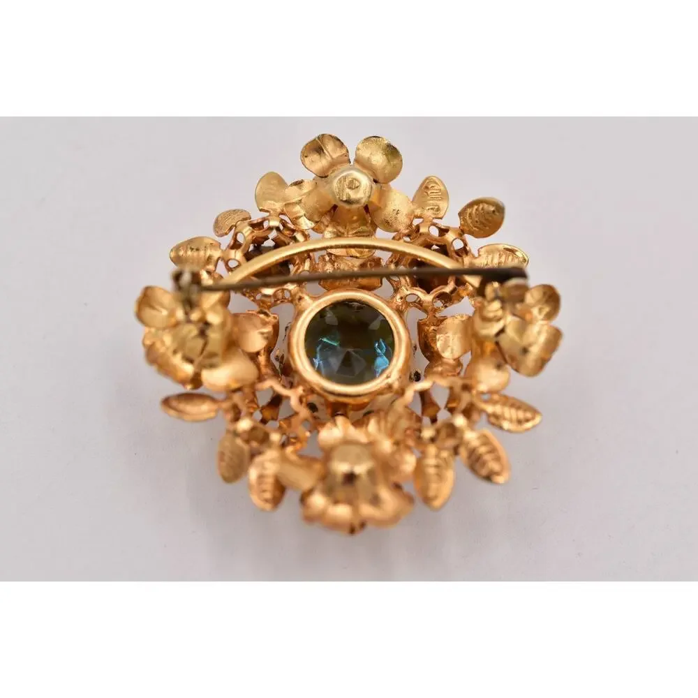 Vintage Austrian Crystal Pin Brooch Flower Gold Tone Aurora Borealis 1960s BinBI